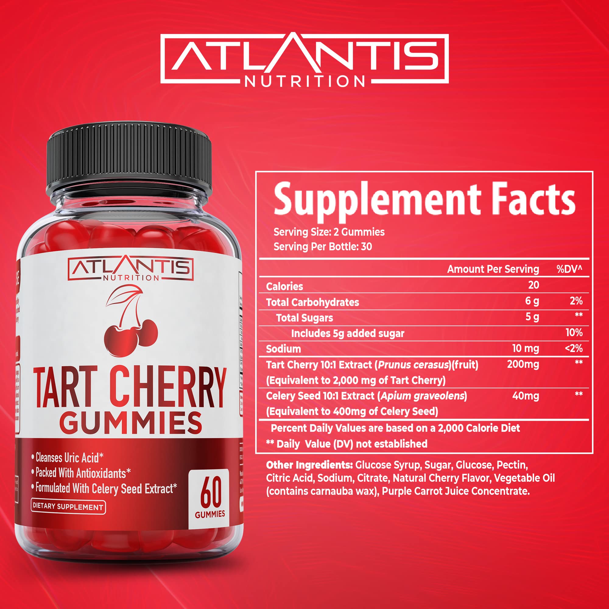 Atlantis Nutrition Tart Cherry Gummies 120-count bottle for convenient daily routine.