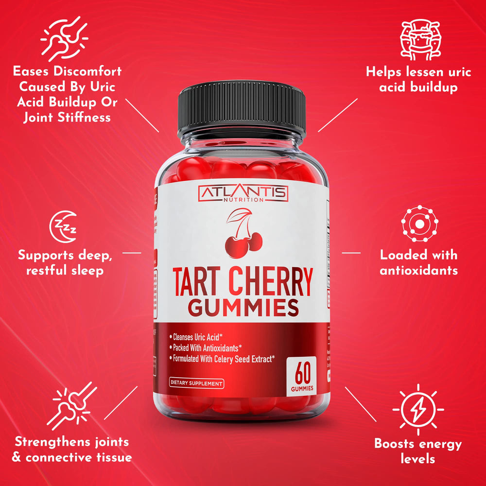 Bright cherry-flavored Atlantis Nutrition Tart Cherry Gummies for tasty daily supplementation.