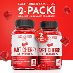 Close-up of Atlantis Nutrition Tart Cherry Gummies highlighting natural flavor and chewy texture for daily use.