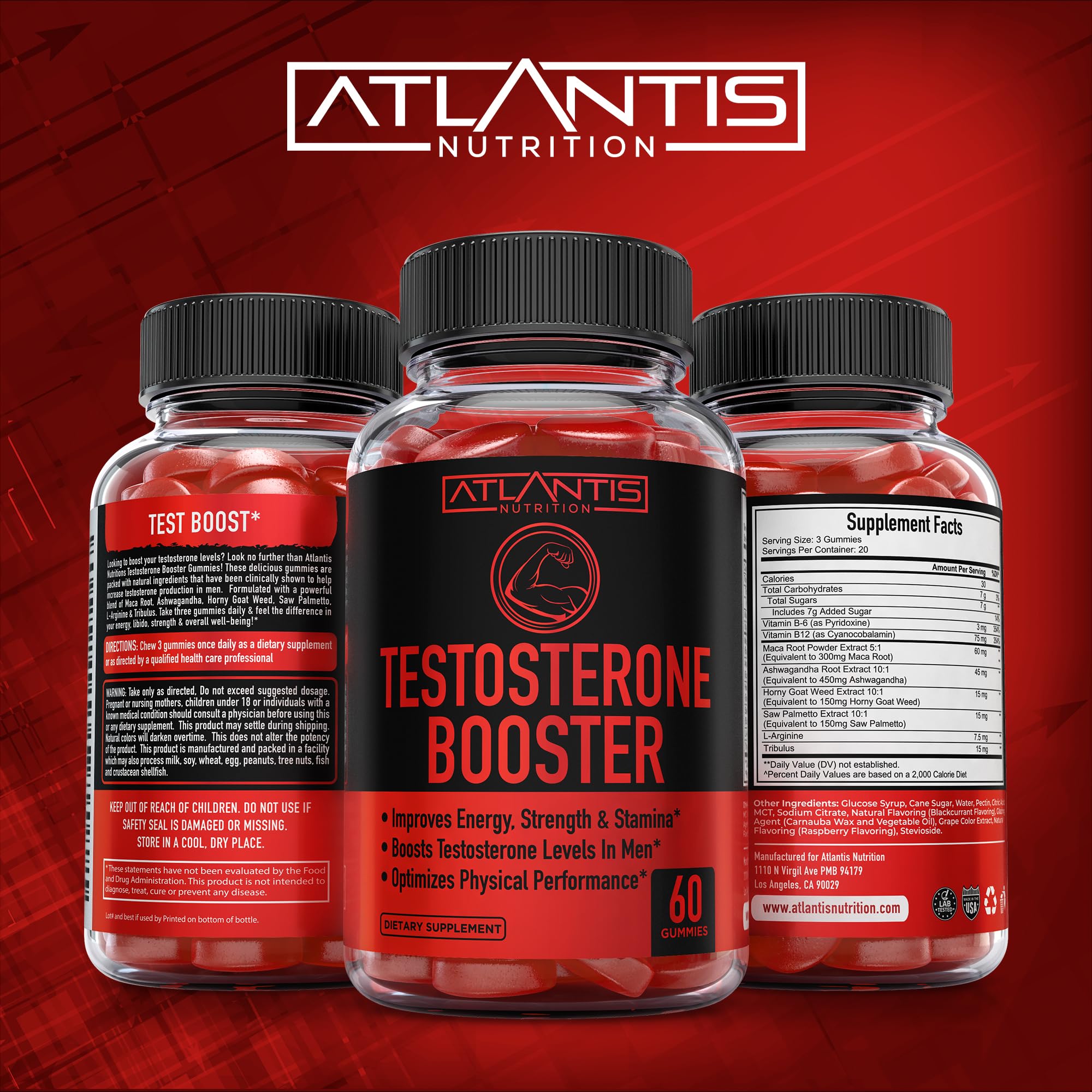 Atlantis Nutrition label featuring maca root and tribulus imagery for trusted ingredients