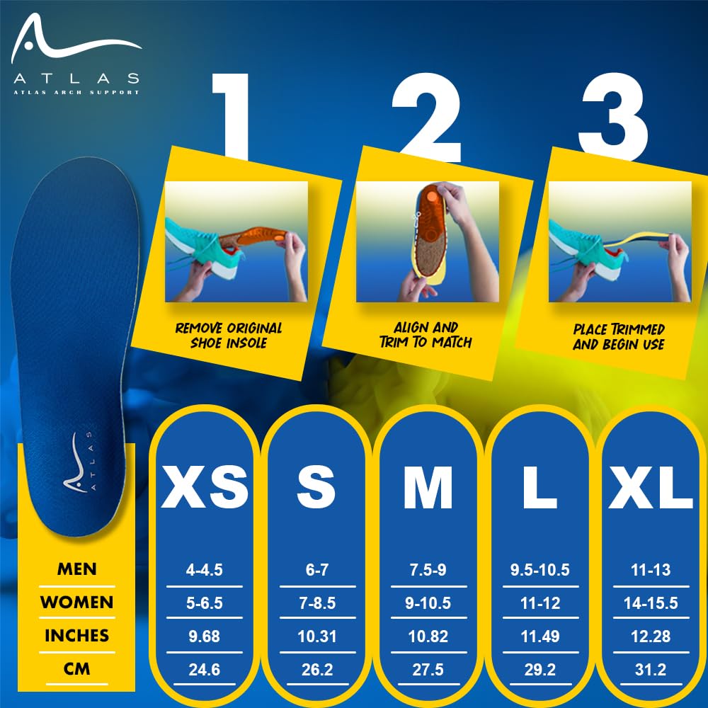 Atlas arch-support insoles heel cup helps stabilize heel alignment during activity.