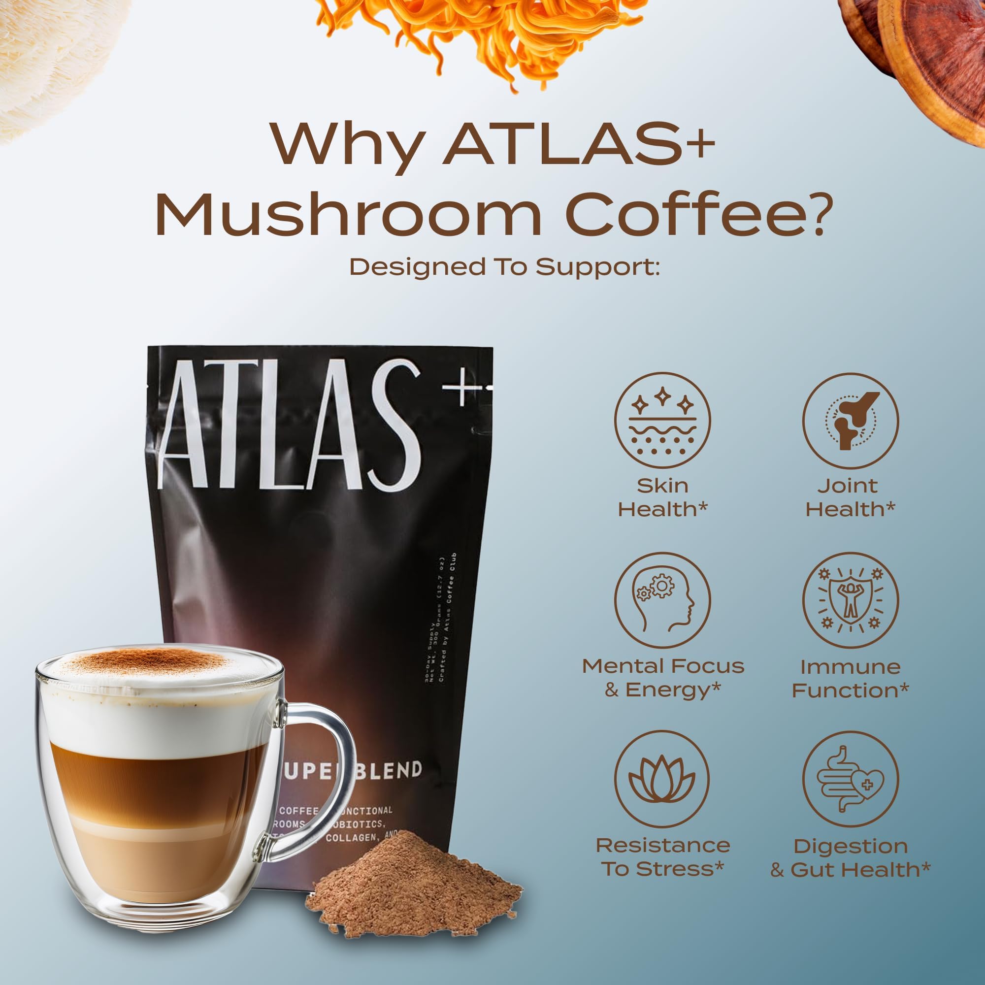 Atlas Coffee Club Atlas+ ingredients close-up with Lion’s Mane and Reishi for focus support.