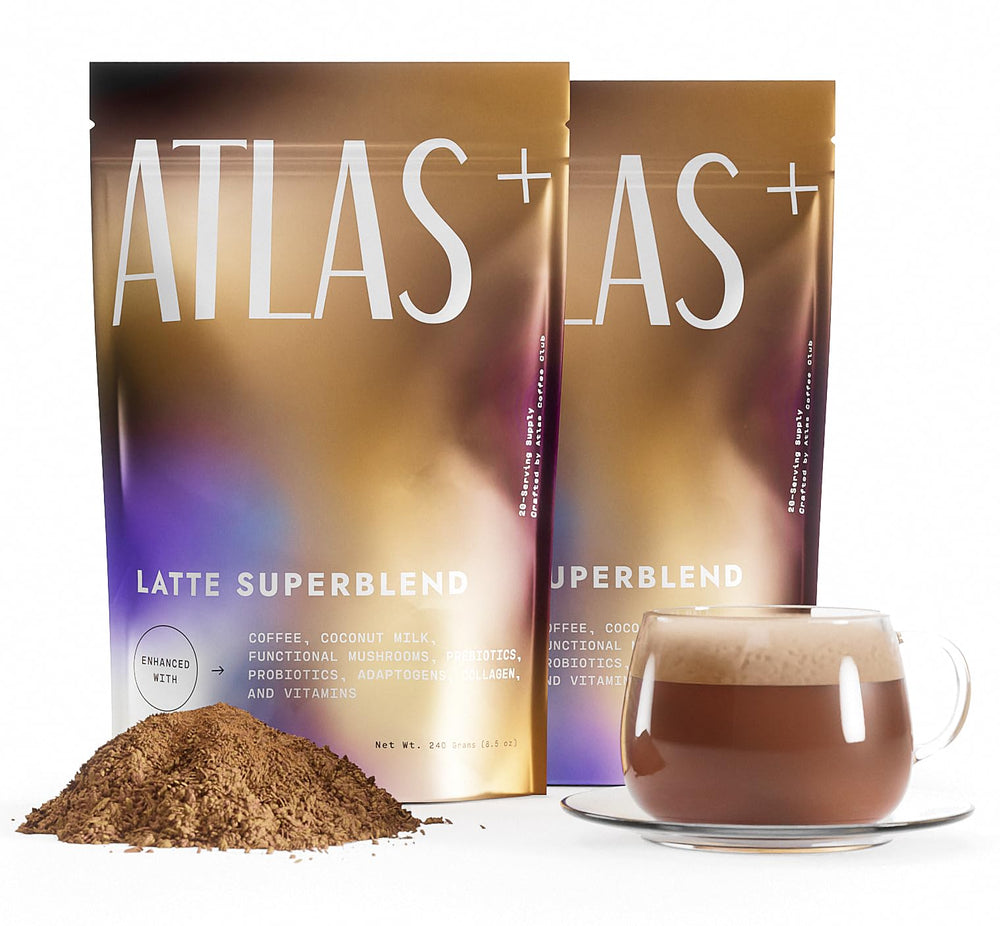 Atlas Coffee Club Latte Superblend bag showcasing packaging and ingredients for energy.
