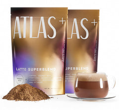 Atlas Coffee Club Latte Superblend bag showcasing packaging and ingredients for energy.