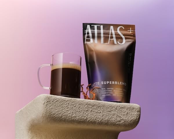 Atlas Coffee Club Latte Superblend jar label emphasizing premium wellness branding