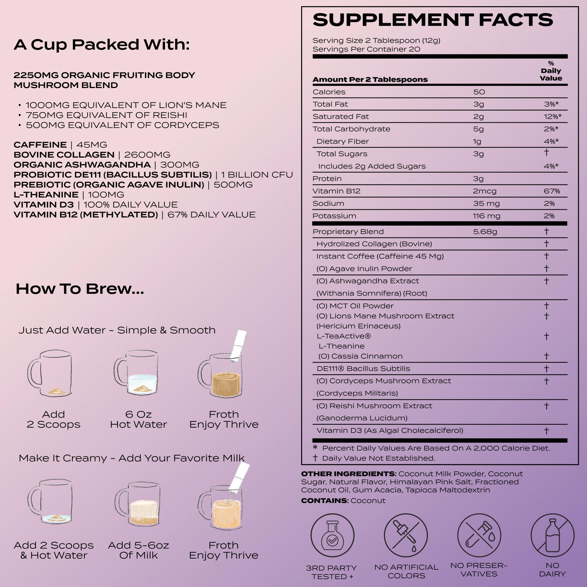 Atlas Coffee Club Latte Superblend label close-up highlights vitamin D3 and B12.