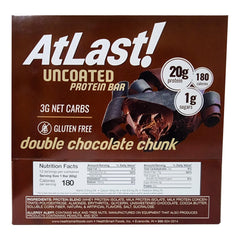 AtLast Double Chocolate Chunk bar texture closeup showing real chocolate chunks.