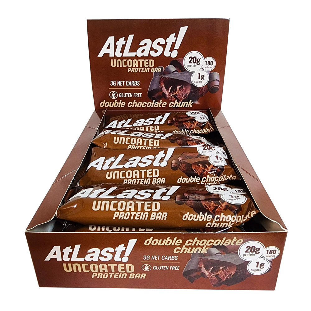 AtLast Double Chocolate Chunk protein bar wrapped for on-the-go snacking.