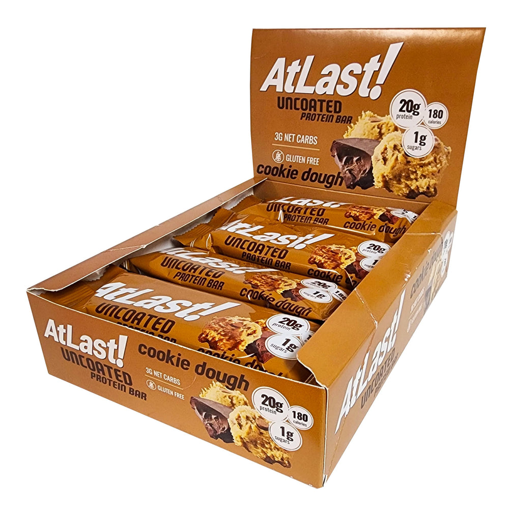 At Last! nutrition cookie dough bar ingredient scene featuring high-protein ingredients