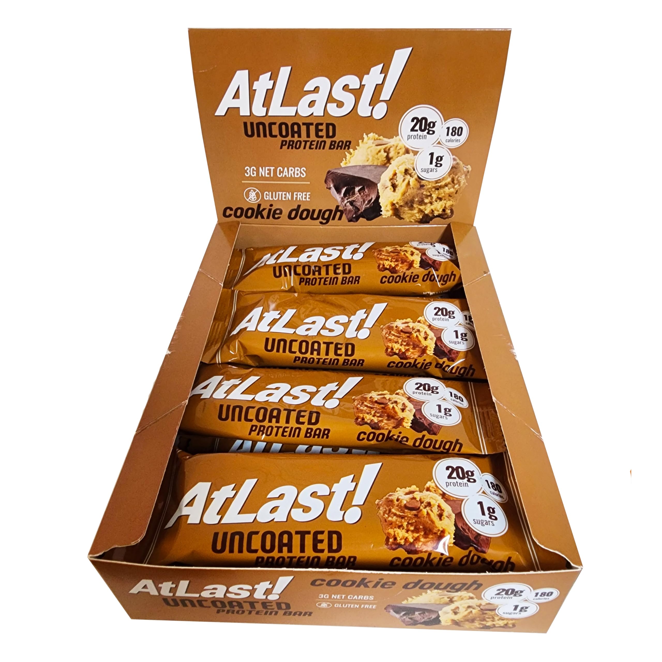 At Last! nutrition cookie dough bar pack shot highlighting protein-rich snack