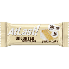 Close-up of At Last! yellow cake bar demonstrating 20g protein and low sugar