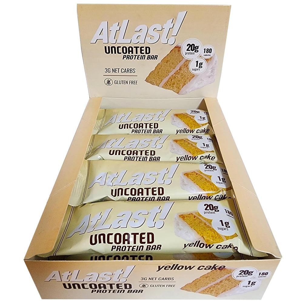 At Last! yellow cake protein bar packaging highlights premium nutrition for active days