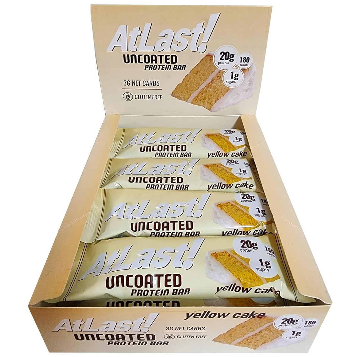 At Last! yellow cake protein bar packaging highlights premium nutrition for active days