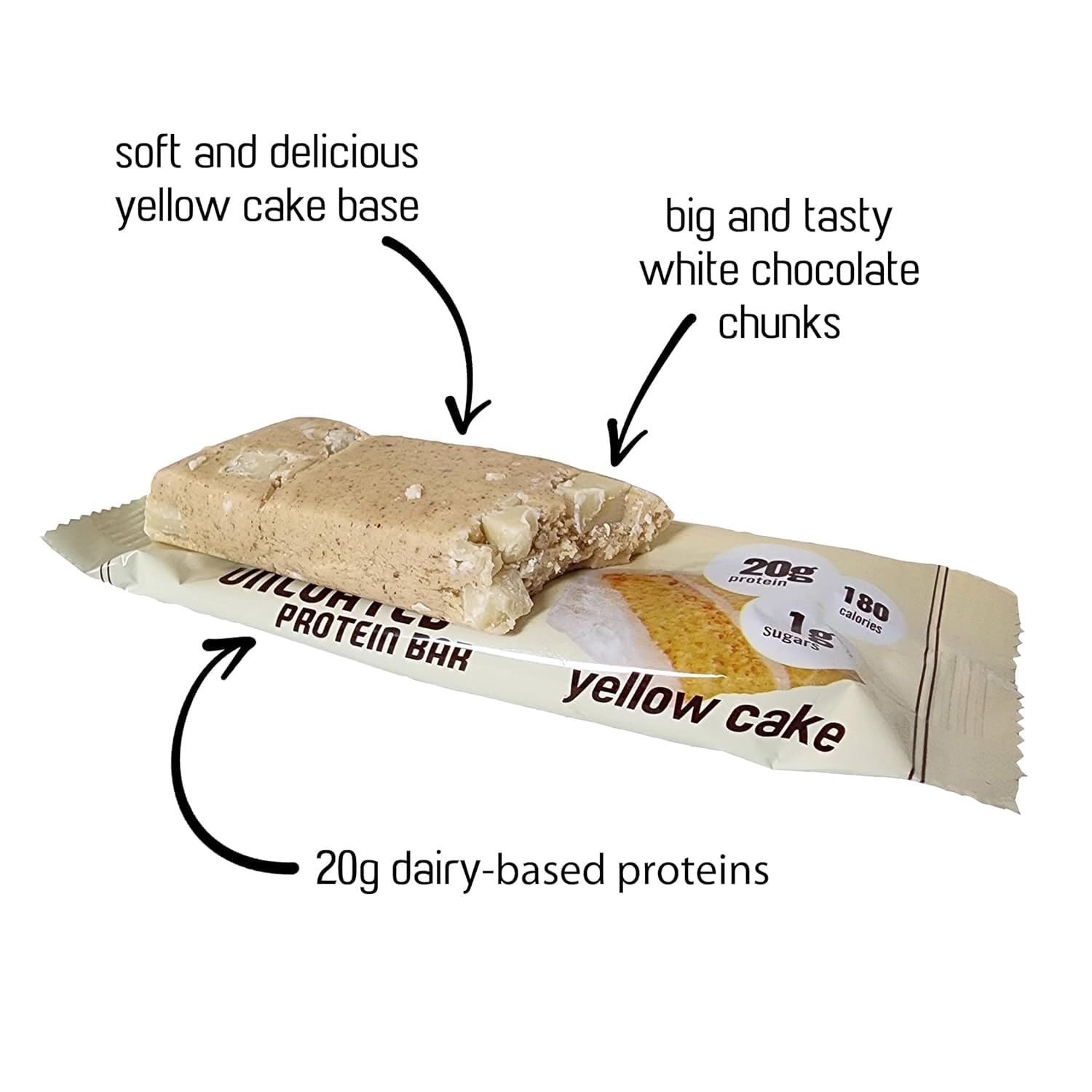 Unwrapped At Last! yellow cake bar reveals cake-like texture and white chocolate inclusions