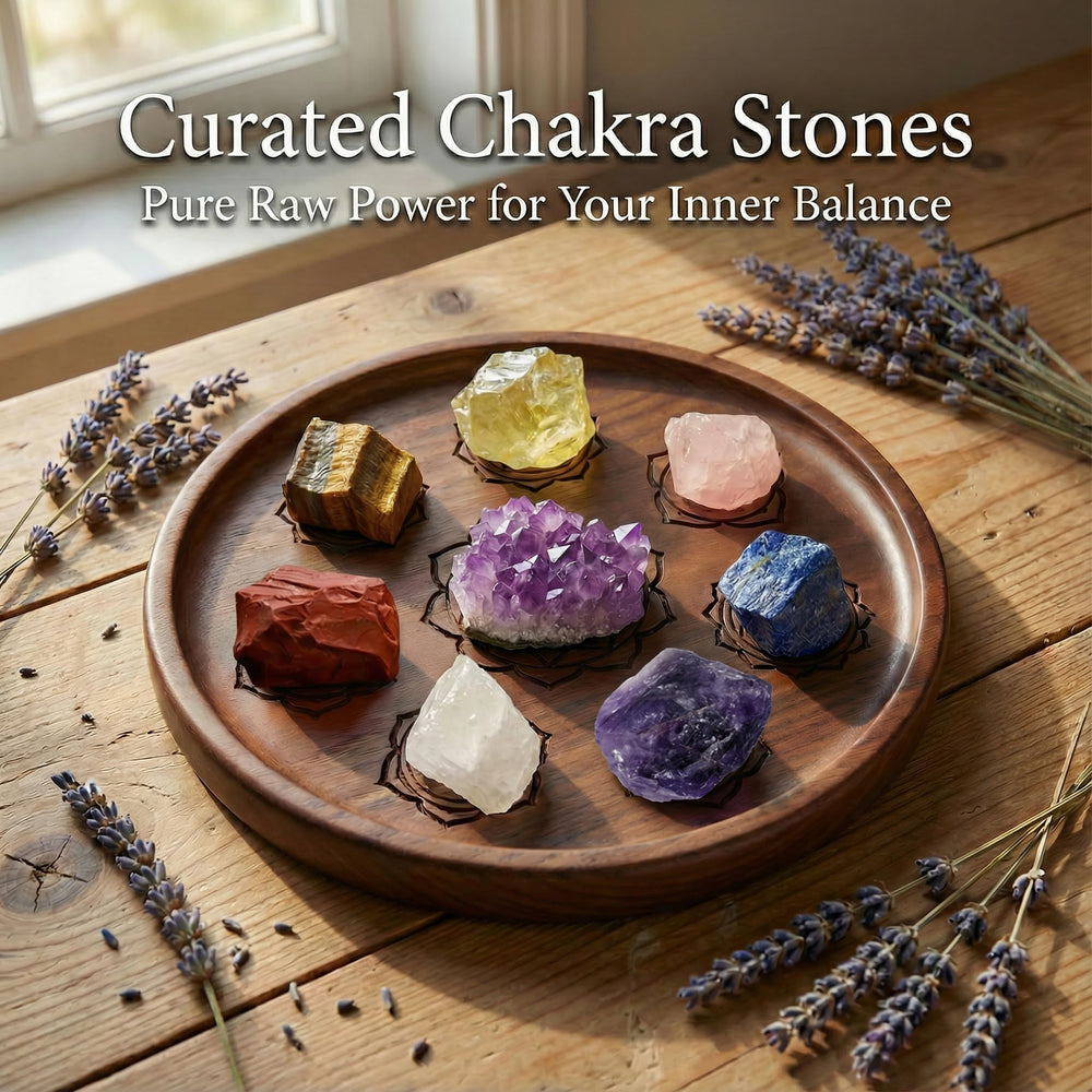 Atminafays seven chakra stones arranged for energy alignment during practice.