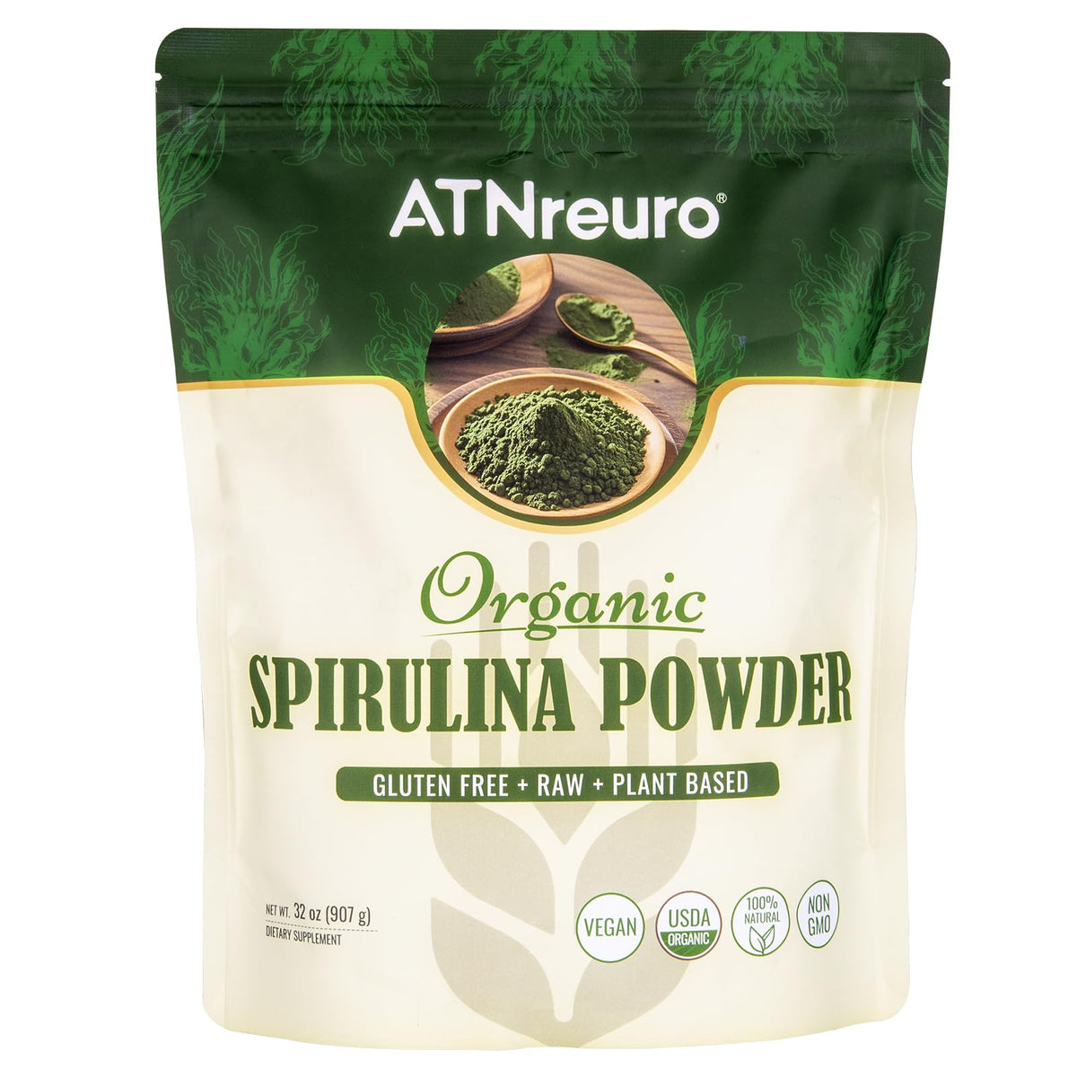 ATNreuro Spirulina Powder bottle shows USDA-certified organic quality for daily smoothies.