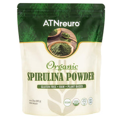 ATNreuro Spirulina Powder bottle shows USDA-certified organic quality for daily smoothies.