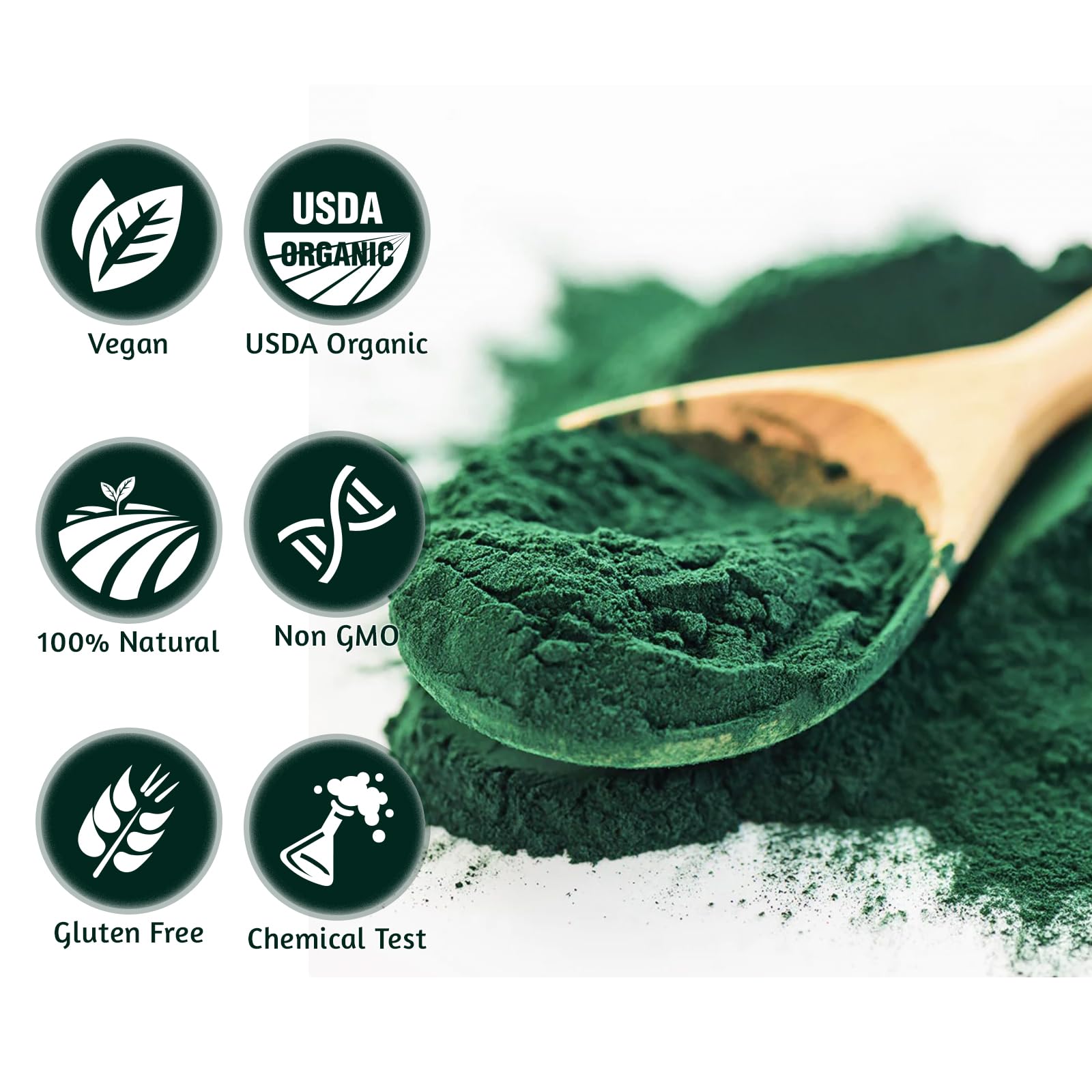 ATNreuro spirulina powder close-up shows fine texture ideal for fast dissolving drinks.