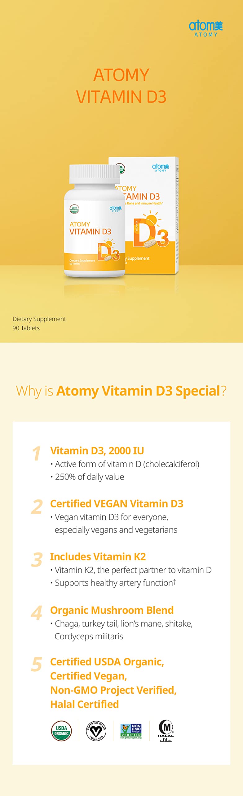 Atomy Vitamin D3 vegan bottle highlights non-GMO formula with K2.