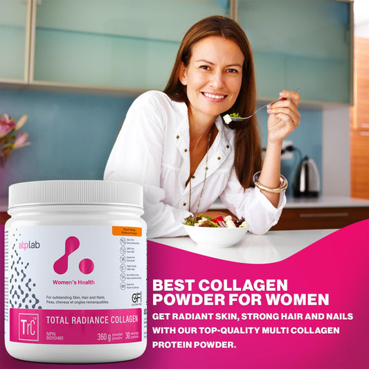 ATP LAB Total Radiance Collagen scoop beside the jar for easy mixing.