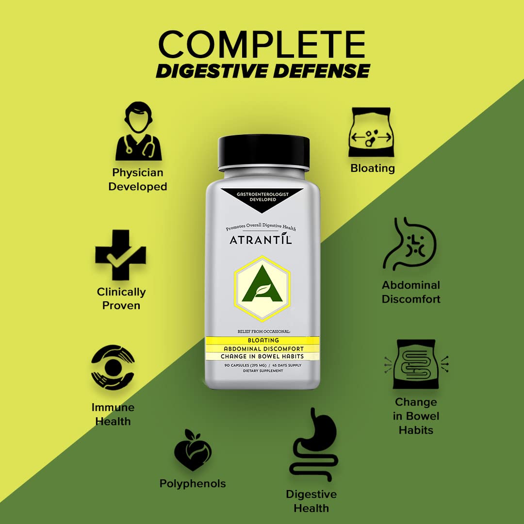 Atrantil bottle and dosing guide, illustrating the three-times-a-day routine.