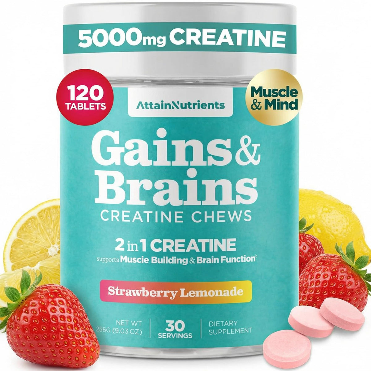 Attain Nutrients Creatine Chews bottle showing 5000mg per serving for muscle support