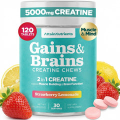 Attain Nutrients Creatine Chews bottle showing 5000mg per serving for muscle support