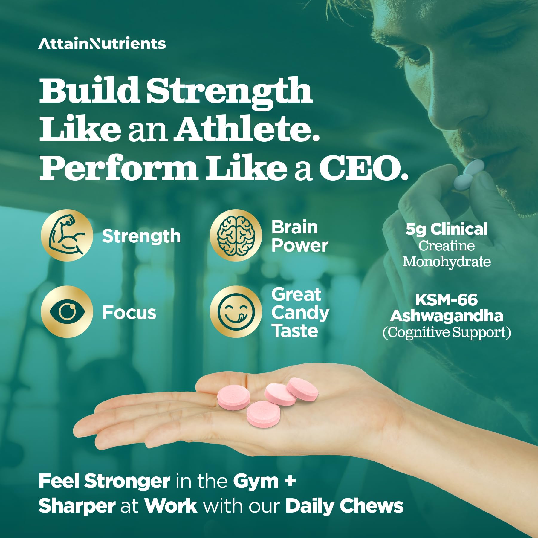 Close-up of Creatine Chews texture for easy on-the-go use