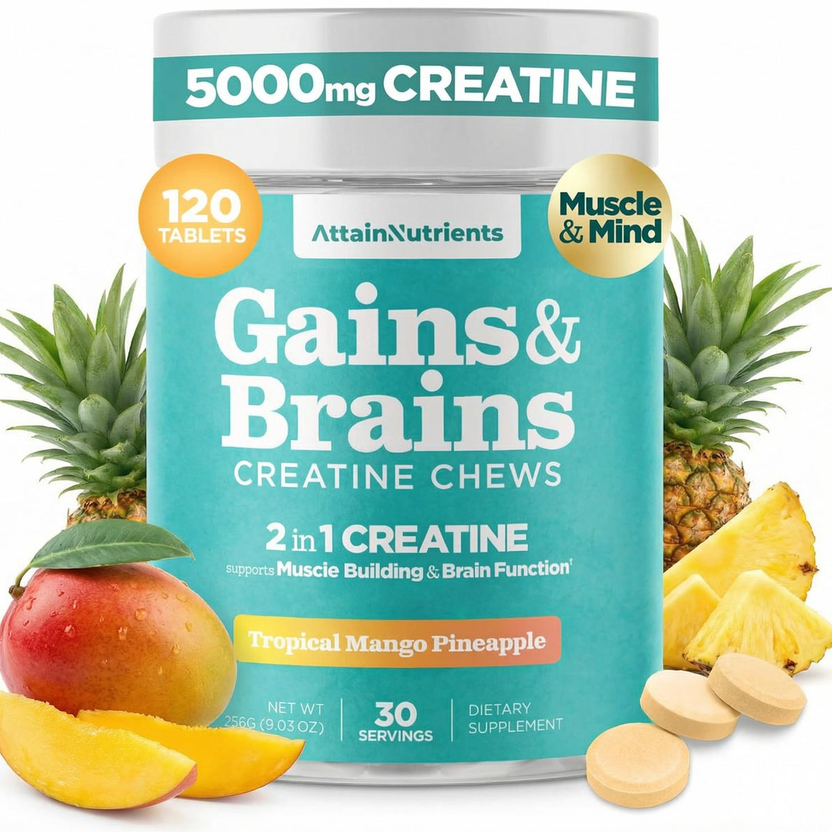 Attain Nutrients Creatine Chews tropical mango bottle for on-the-go fueling.