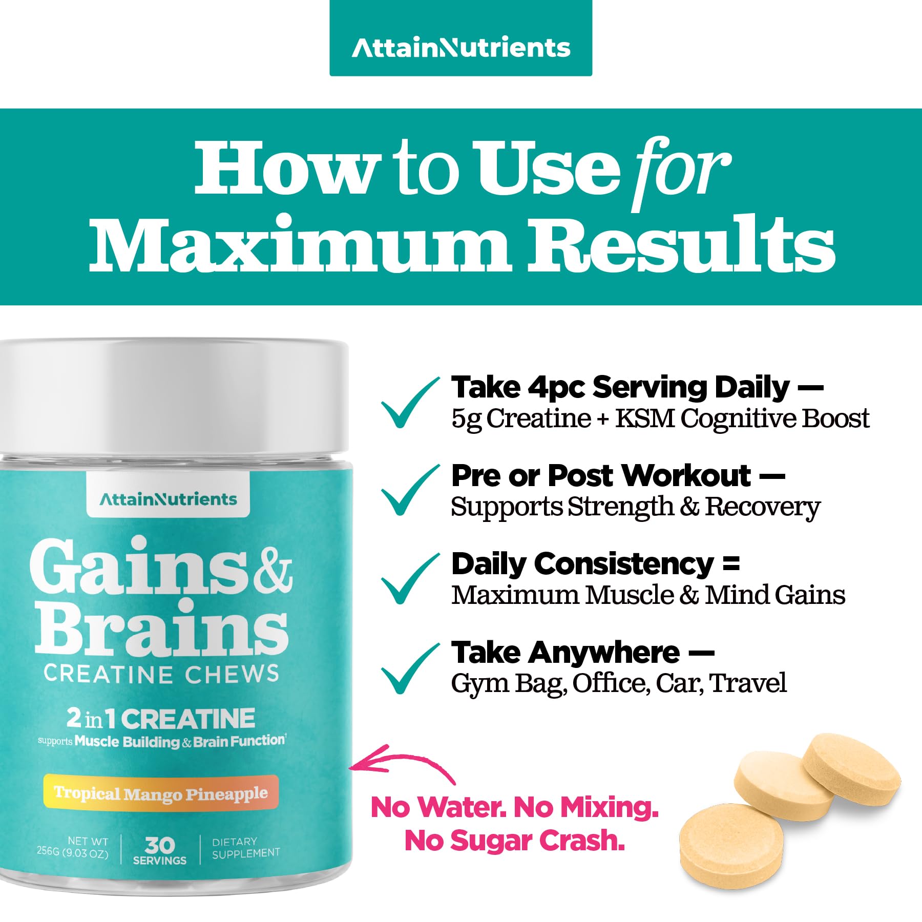 Attain Nutrients vegan creatine chews graphic signaling plant-based formula.