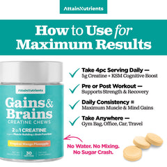 Attain Nutrients vegan creatine chews graphic signaling plant-based formula.
