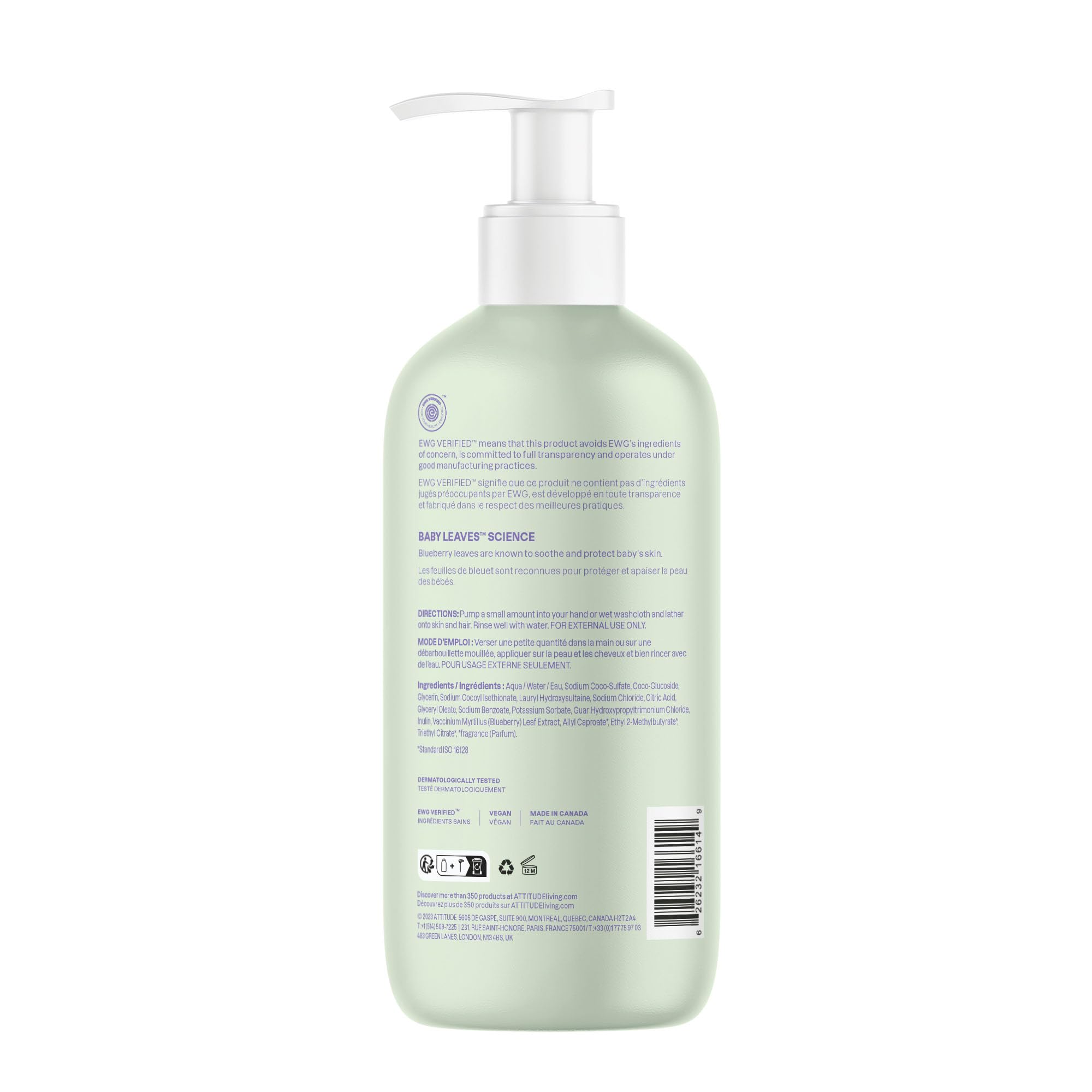 ATTITUDE Baby 2-in-1 HDPE bottle highlights recyclable packaging.