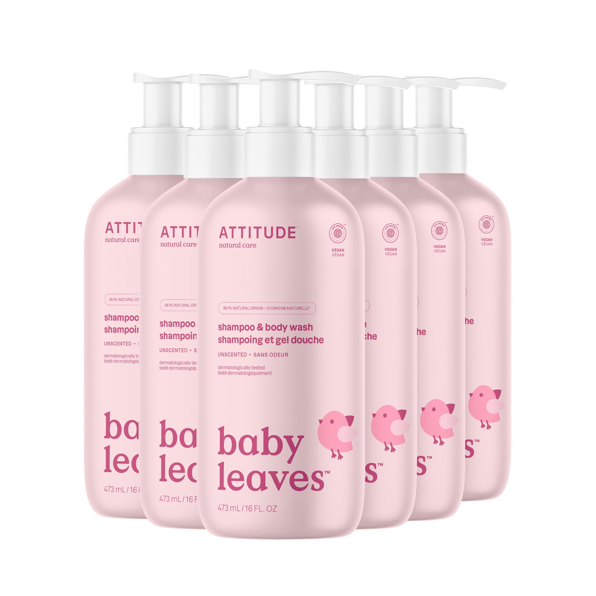 ATTITUDE Baby 2-in-1 bottle front view, fragrance-free formula for sensitive skin.