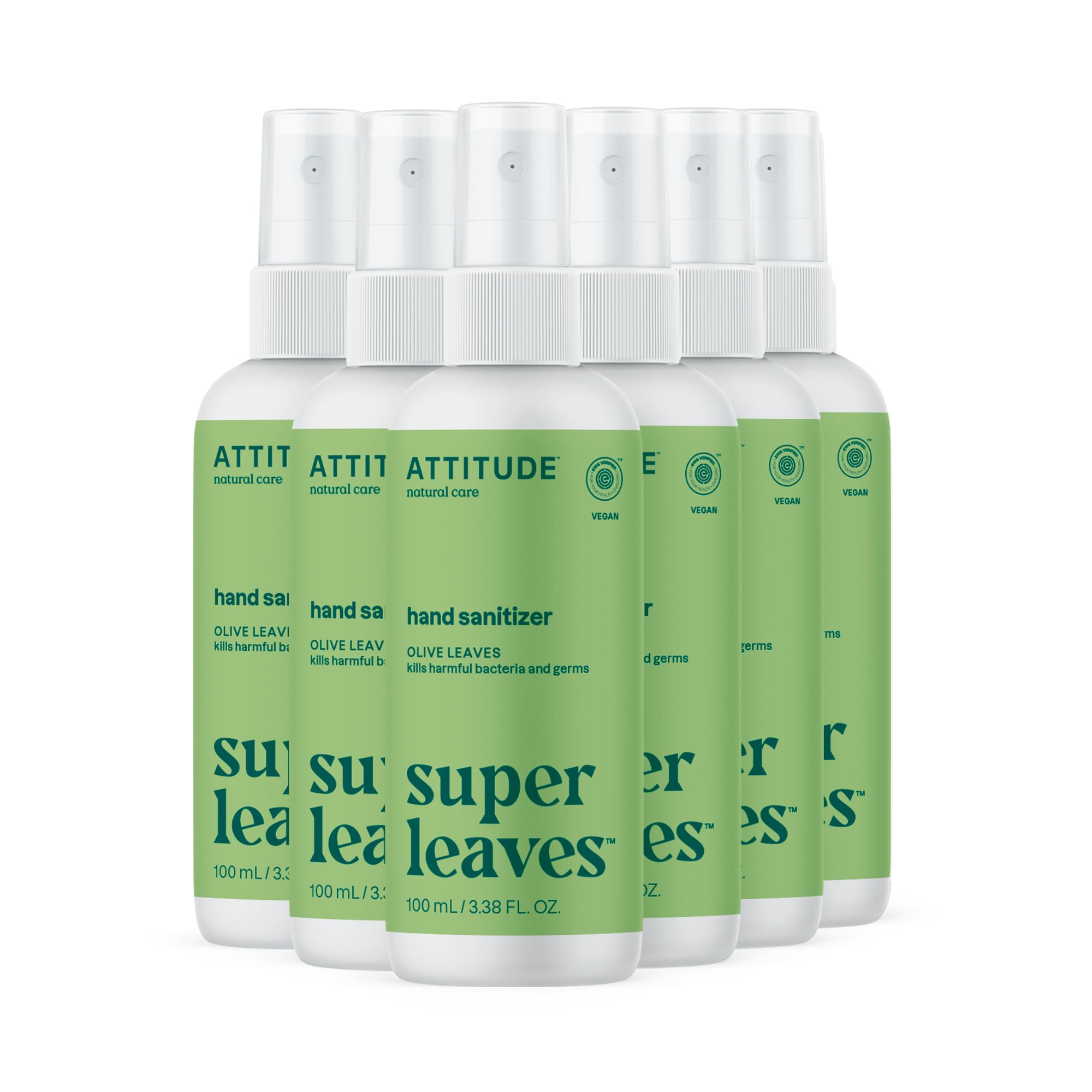ATTITUDE hand-sanitizer-spray bottle in use, quick-drying formula for on-the-go hand hygiene.
