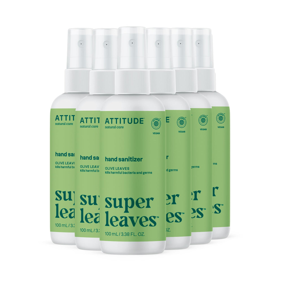 ATTITUDE hand-sanitizer-spray bottle in use, quick-drying formula for on-the-go hand hygiene.