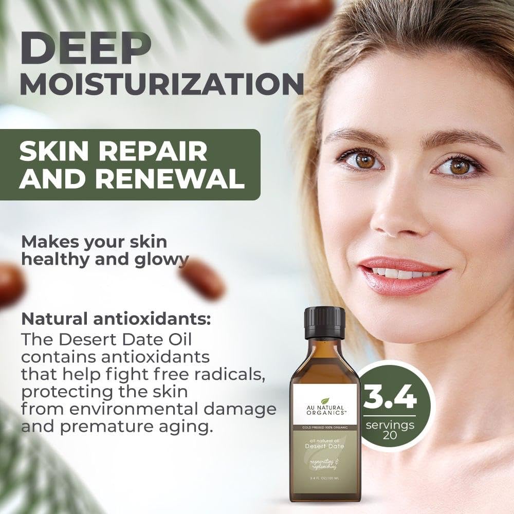 Au Natural Organics Desert Date Oil on hair for moisture and strength.