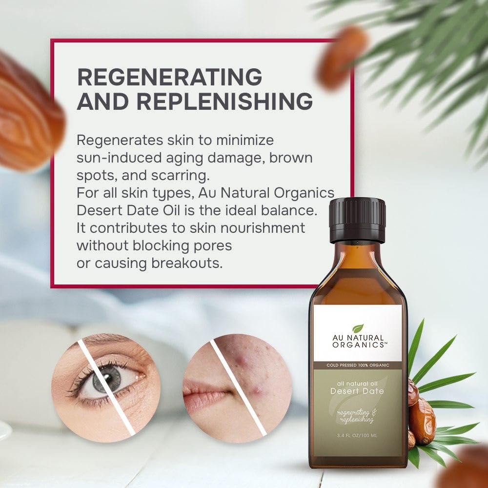 Au Natural Organics Desert Date Oil label explains a pure formula for skin and hair.
