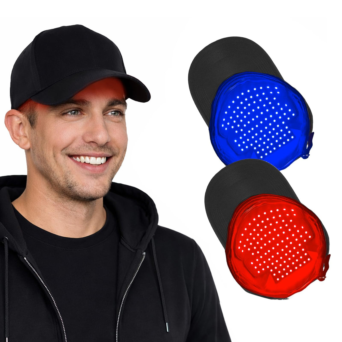 Auarwood LLLT cap worn on head for convenient hands-free scalp treatment.