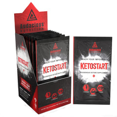 Audacious Nutrition Ketostart packaging with sachet promotes on-the-go ketosis support.