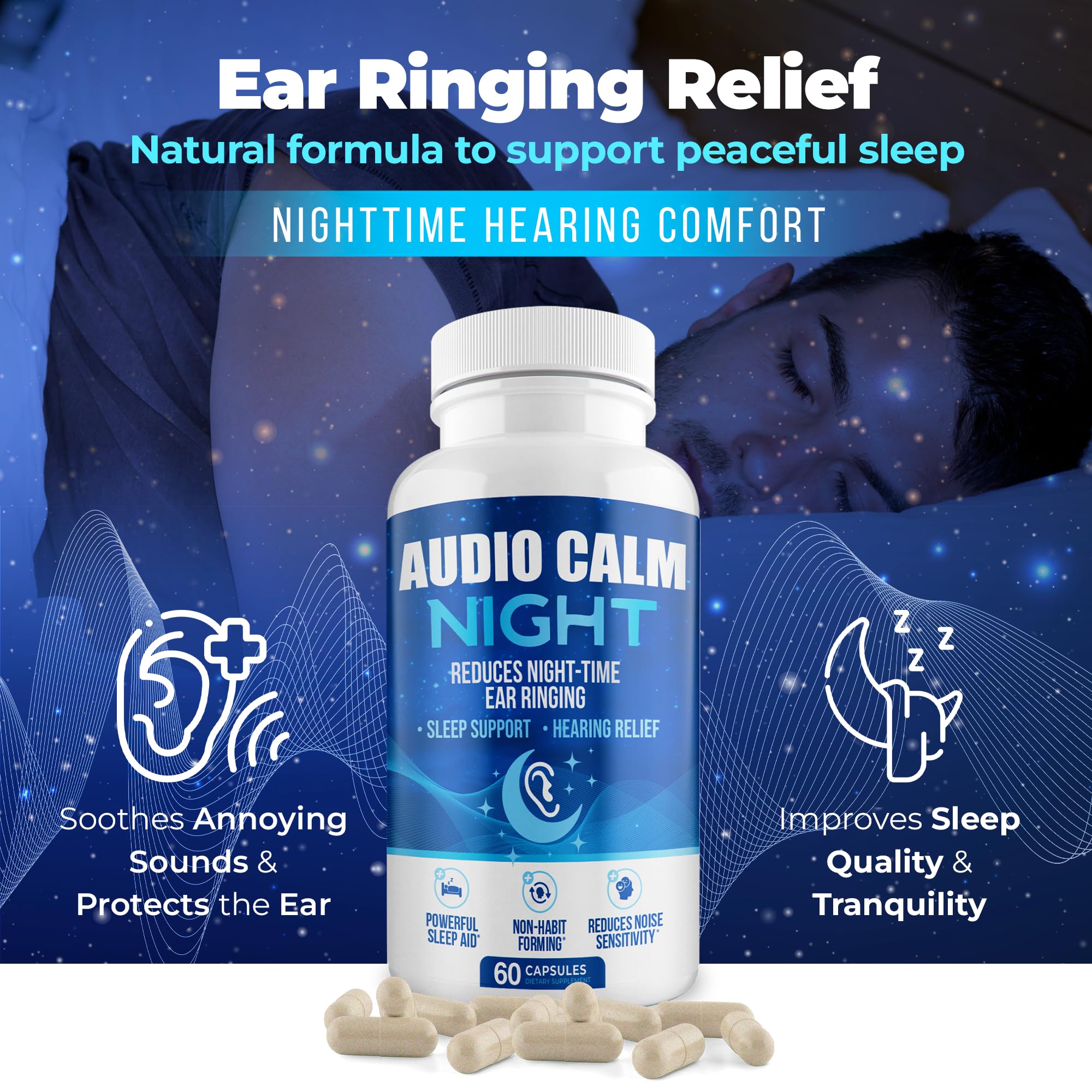 Audio Calm Night bottle being poured suggests easy, nightly intake routine