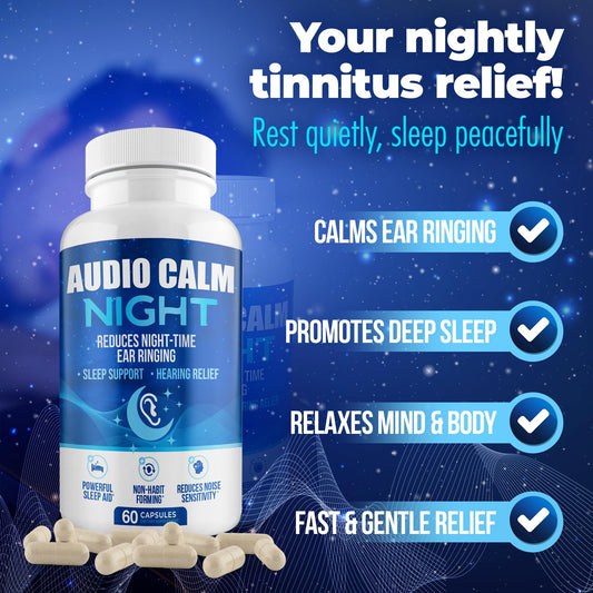 Audio Calm Night capsules close-up emphasize gentle, non-habit forming sleep aid