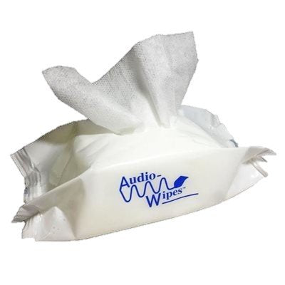 AUDIOLOGIST'S CHOICE Audiowipes in a compact pouch ready for on-the-go use