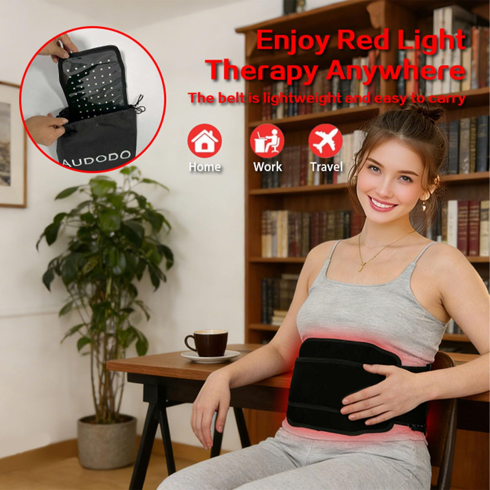 Audodo infrared wrap worn on back for seated warmth and convenience during work or TV time.