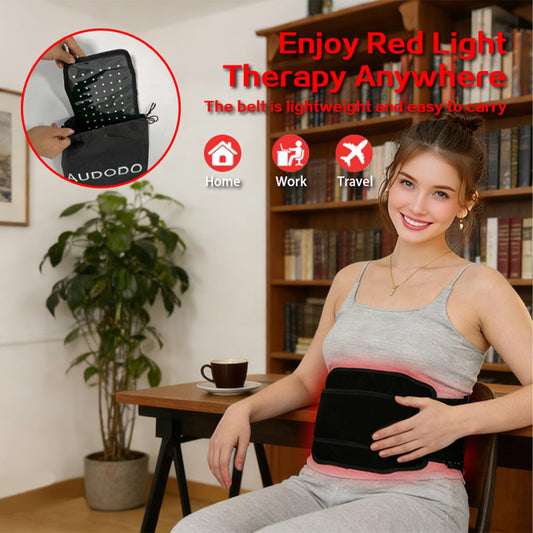 Audodo infrared wrap worn on back for seated warmth and convenience during work or TV time.