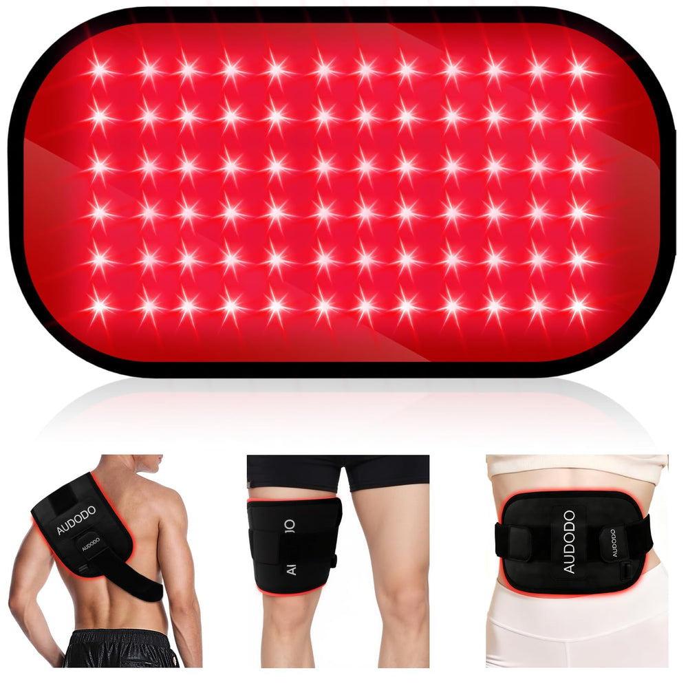 AUDODO red light therapy belt wrapped on the back for soothing warmth at home.