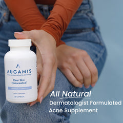 Augamis Hormonal Acne bottle label highlights DIM-free formula details for skincare
