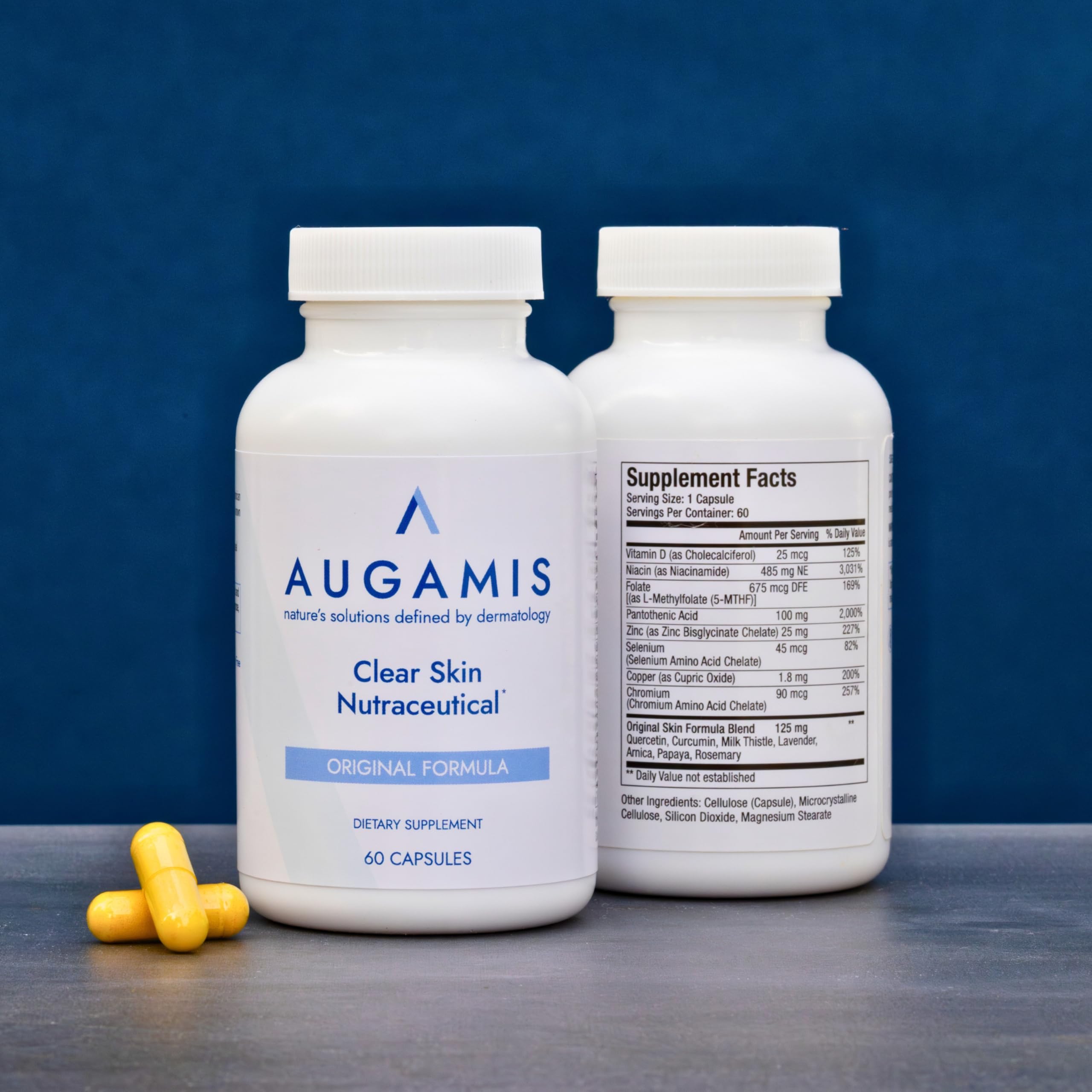 Augamis capsules closeup showing 60 capsules for ongoing acne support