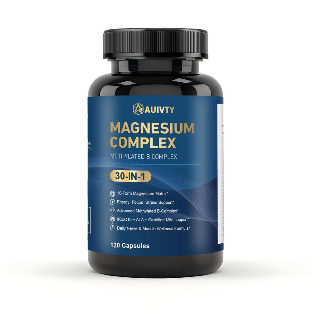 Auivty Magnesium Complex 30-in-1 bottle shows comprehensive daily mineral support.