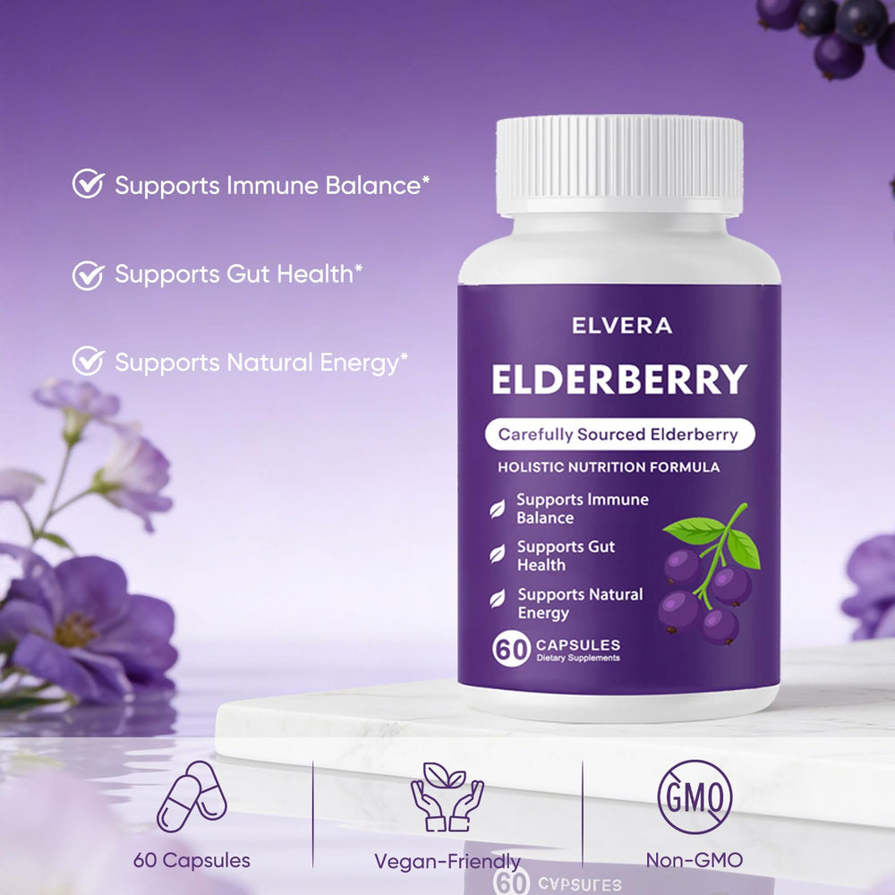 Close-up of Elvera Elderberry capsules showing daily gentle use.
