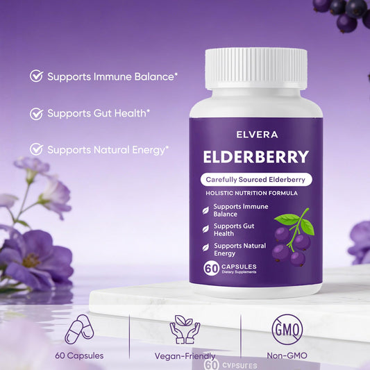 Close-up of Elvera Elderberry capsules showing daily gentle use.